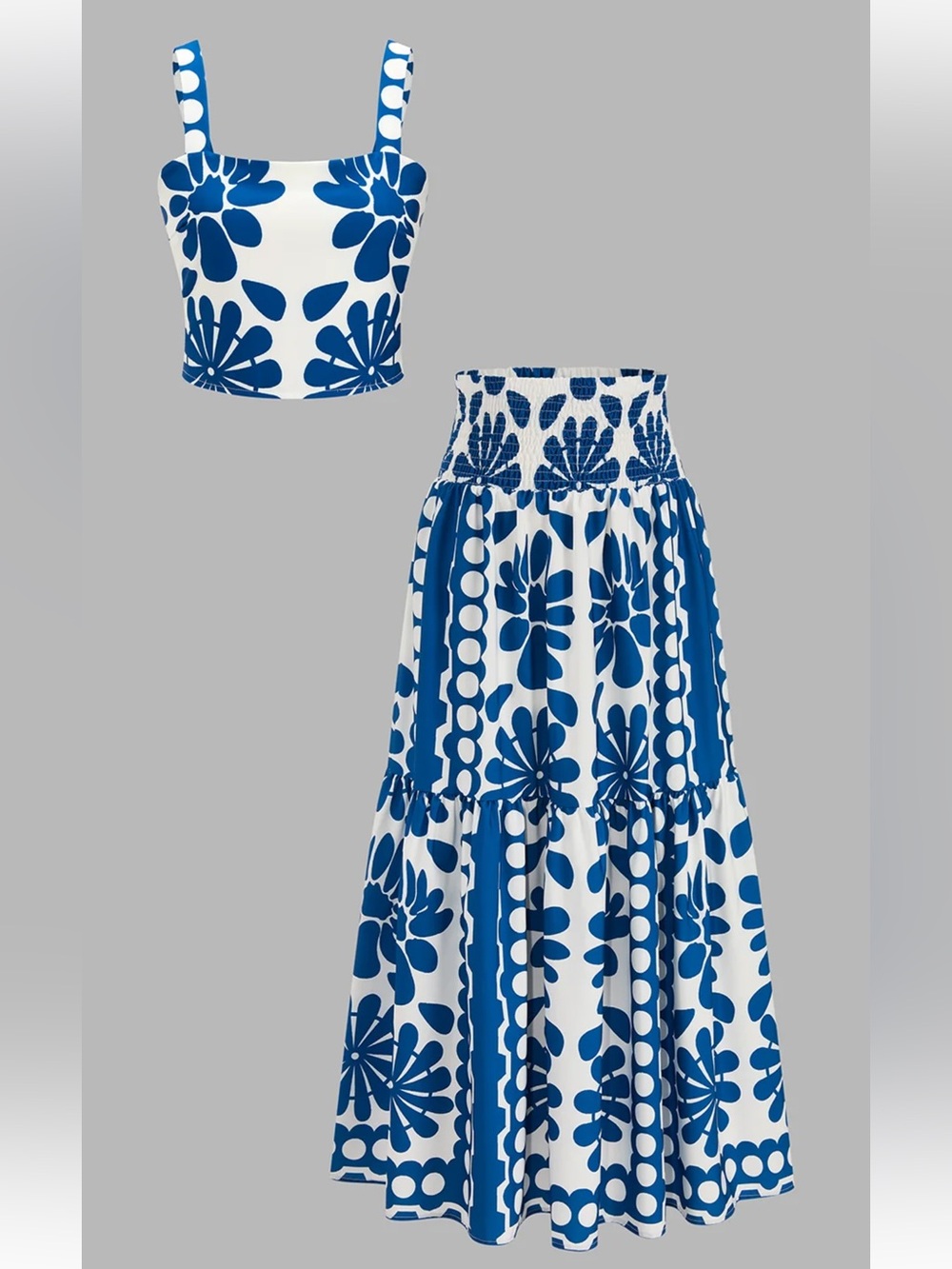 #403 Floral Print Cami Top & Smocked Skirt Set